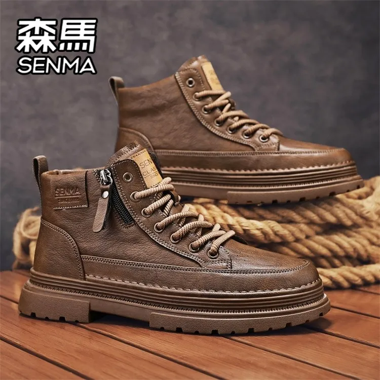 森马马丁靴男鞋秋冬款男士高帮英伦风复古工装靴增高防滑防水板鞋