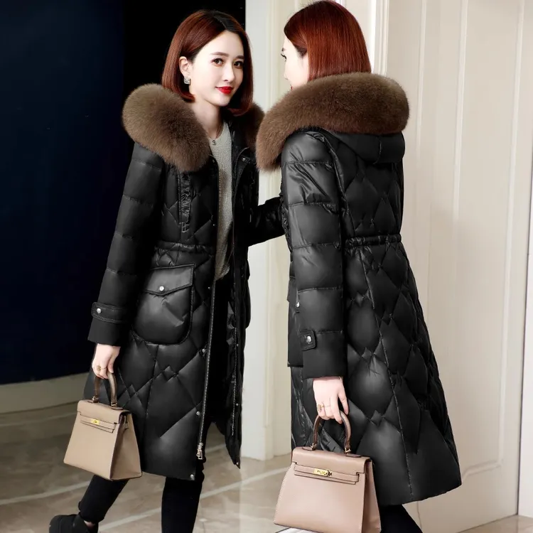 冬季狐狸大毛领保暖连帽过膝长款时尚显瘦加厚亮面过膝修身收腰女