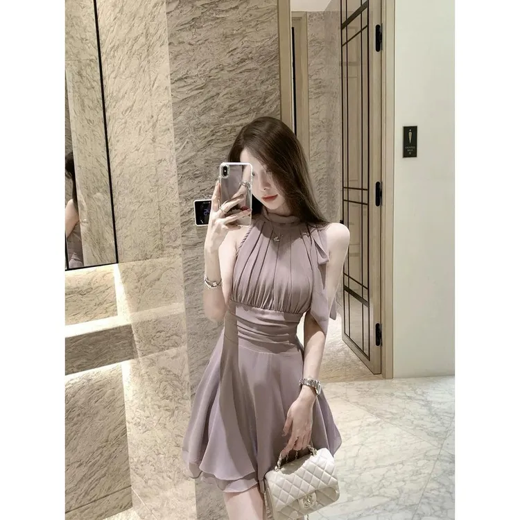 夏季新款法式纯欲温柔紫色无袖雪纺连衣裙子女设计感收腰气质短裙