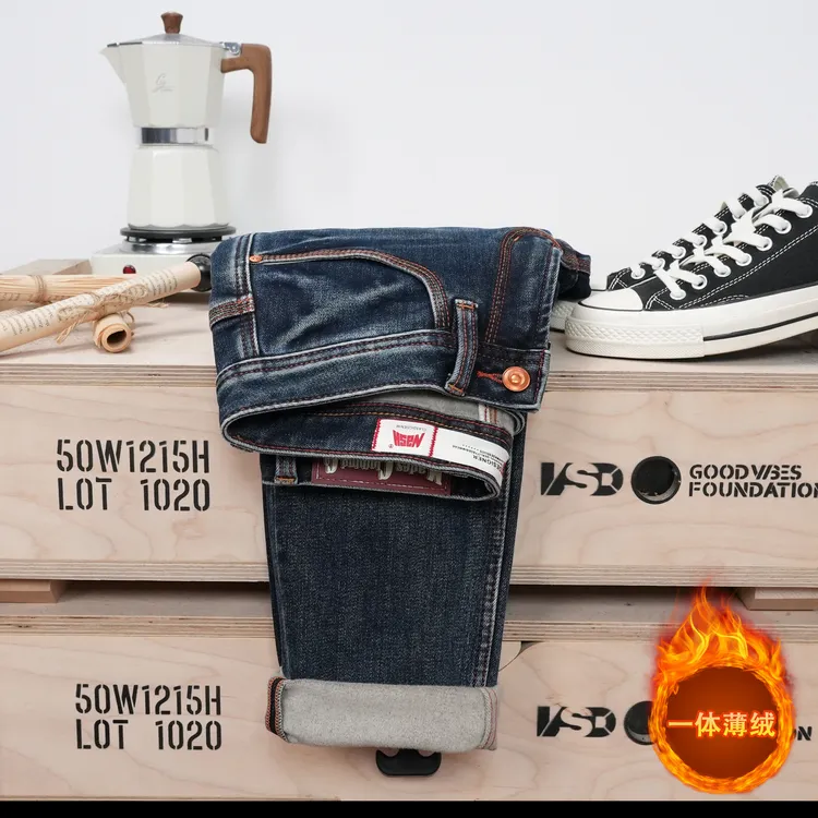 秋冬男士抓绒牛仔裤水洗蓝色休闲百搭男裤修身小直筒加绒男裤子