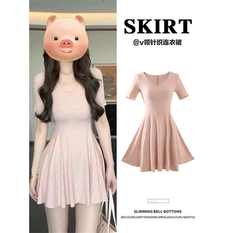粉色连衣裙女夏日绝美小裙子a字收腰短裙微胖漂亮掐腰裙夏日穿搭