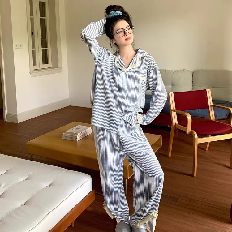 日系甜美条纹蕾丝边云朵棉长袖长裤女士春秋睡衣家居服
