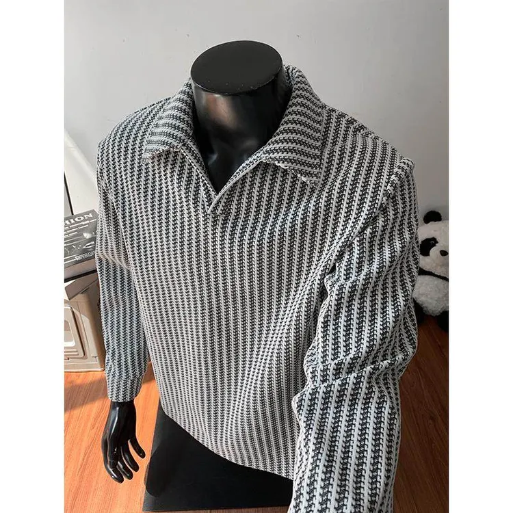 鱼骨纹V领POLO卫衣男秋季新款美式重磅松弛感条纹长袖t恤打底衫