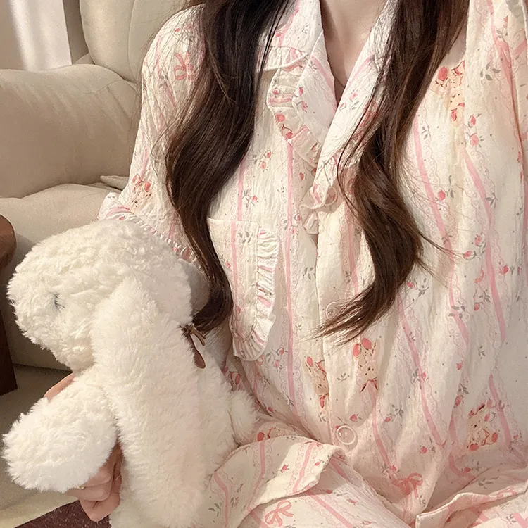 粉粉丝带兔短袖长裤睡衣少女夏季新款三件套卡通可爱可外穿带胸垫