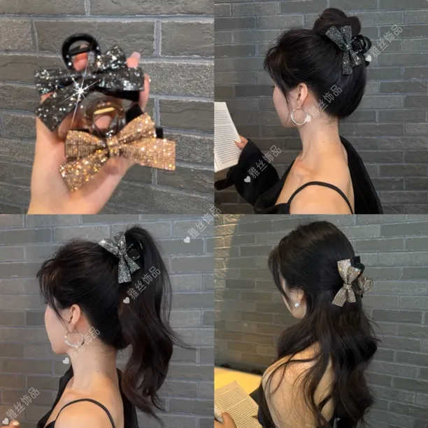 雅丝 新款蝴蝶结闪闪发夹高级感百搭鲨鱼夹马尾夹子女后脑勺发饰