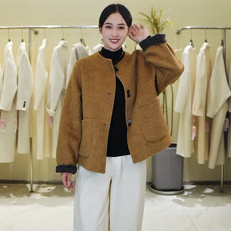 双面双色时尚女气质圆领秋冬毛呢外套上衣小香风季百搭羊毛大衣