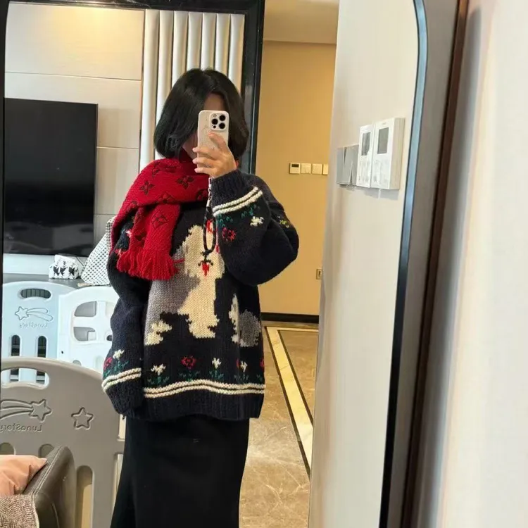 【HDL】BUNACC秋冬美式复古宽松街头趣味兔子植绒费尔岛针织衫圆领