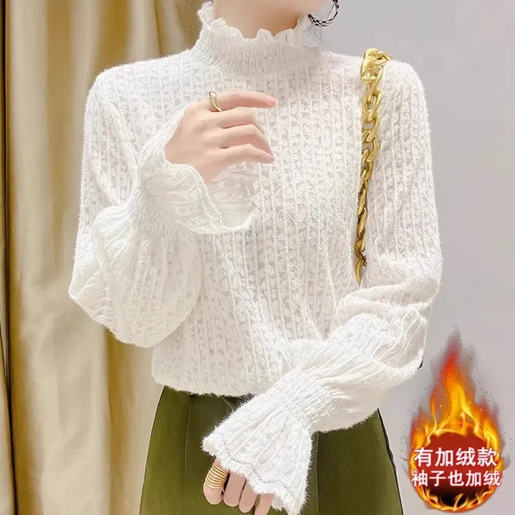 宽松型2224高领加绒蕾丝打底衫女秋冬内搭洋气木耳边荷叶袖网纱长