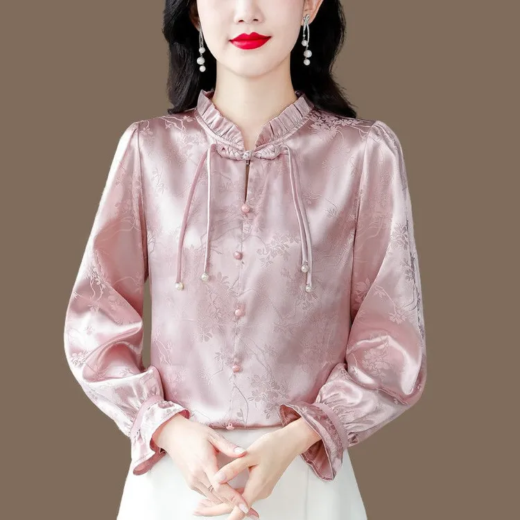 春秋季新款衬衫女时尚提花缎面中式复古盘扣国风长袖气质小衫上衣