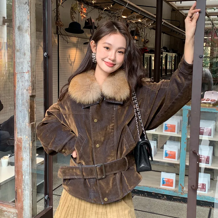 【曼德林街】水洗做旧可拆卸狐狸毛领羽绒服