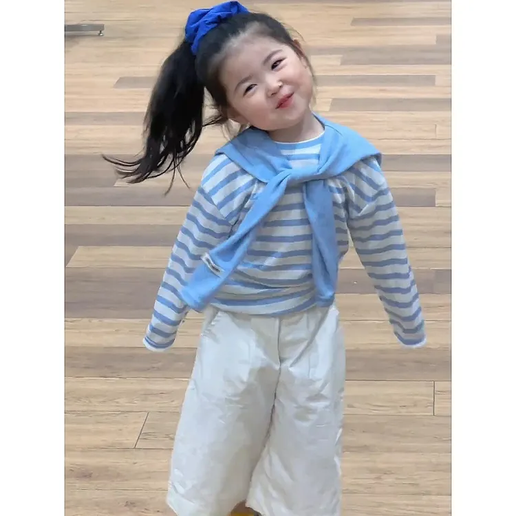 女童套装2025新款儿童洋气条纹上衣蓝色披肩春装儿童韩版两件套潮