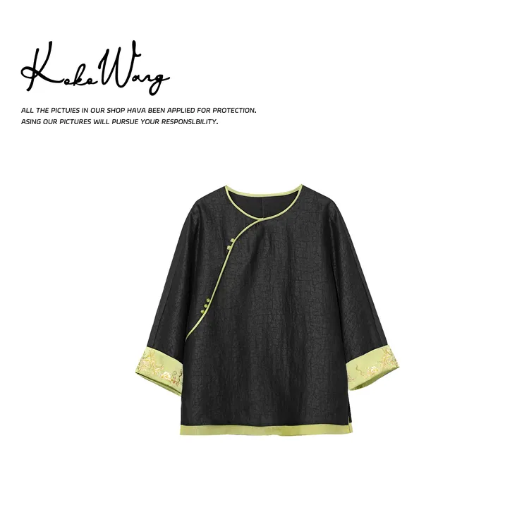 KOKO WANG时尚气质桑蚕丝香云纱提花斜襟衬衫上衣475945C13W41