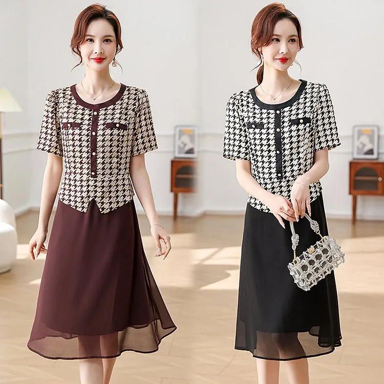 妈妈装洋气短袖连衣裙中年女装夏装新款中老年气质小香风雪纺裙子
