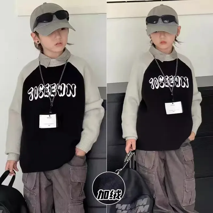 儿童毛衣2025新款加绒加厚针织衫男童一体绒圆领套头打底内搭针织