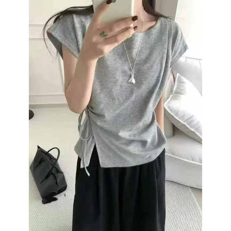 2025夏季新款时尚气质显瘦百搭系带短袖T恤2025财阀千金女装