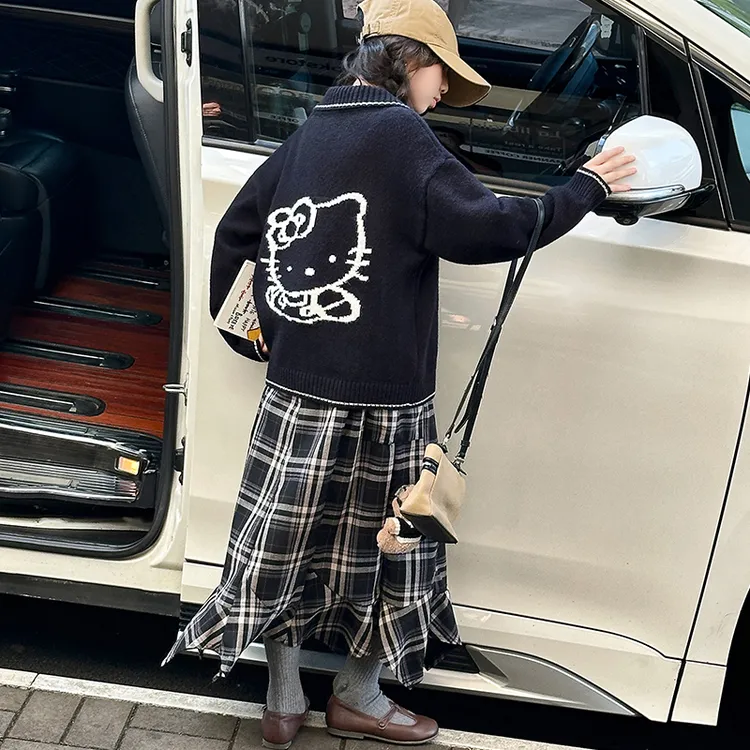 女童猫咪毛衣外套格子裙套装秋季2025新款儿童洋气时髦休闲两件套