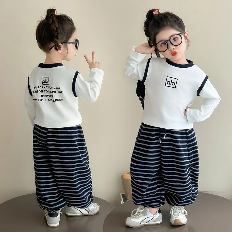 儿童打底衫2025新款春秋女秋季休闲套装洋气长袖小童运动裤子两件