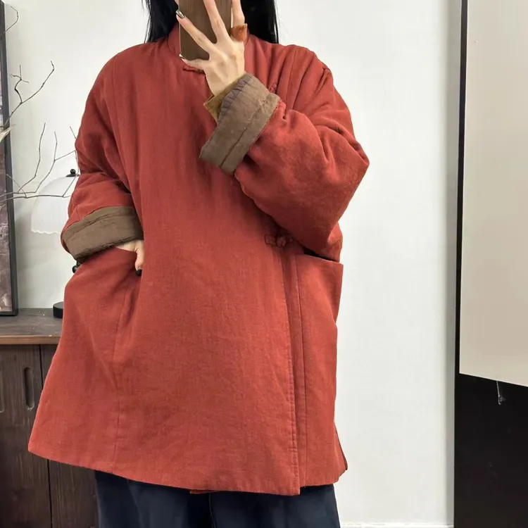 2025冬季新款复古纯亚麻砂洗立领斜襟盘扣宽松中长款棉衣外套女