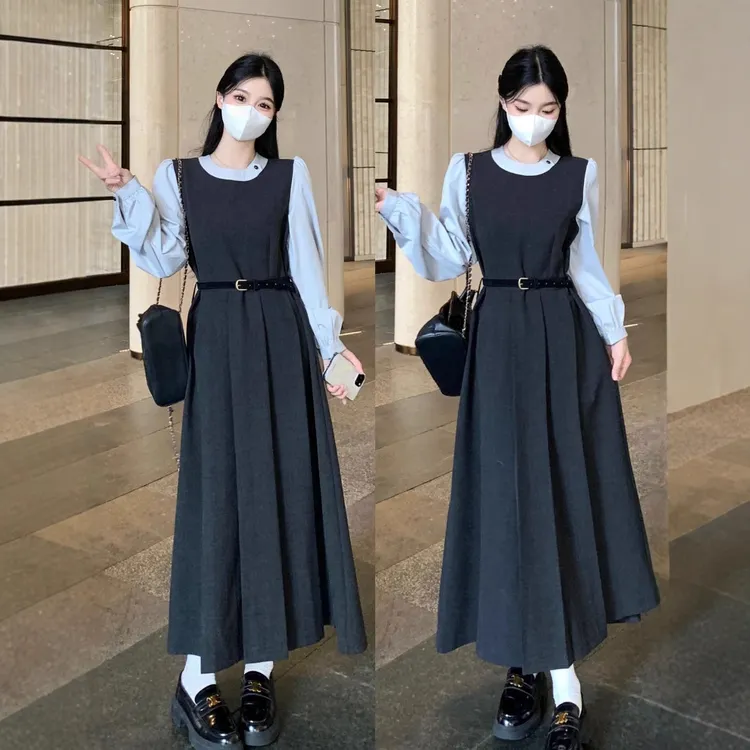 大码胖法式假两件长袖连衣裙女秋冬显瘦韩系氛围感穿搭长裙