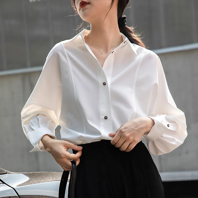 初秋韩版宽松白衬衫女长袖叠穿外穿百搭显瘦落肩袖气质衬衫7136