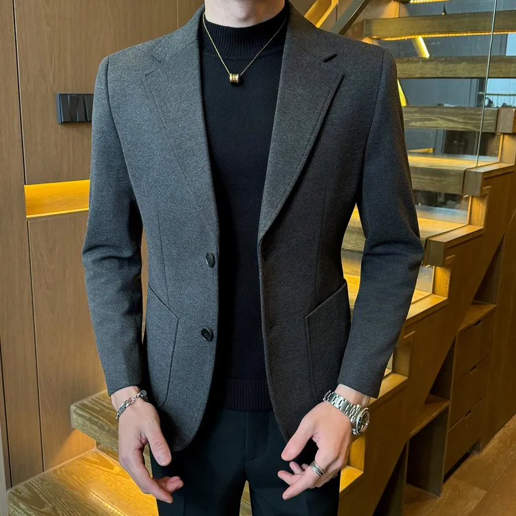 高级灰加厚毛呢西装外套男秋冬季商务韩版高级感修身潮流休闲西服