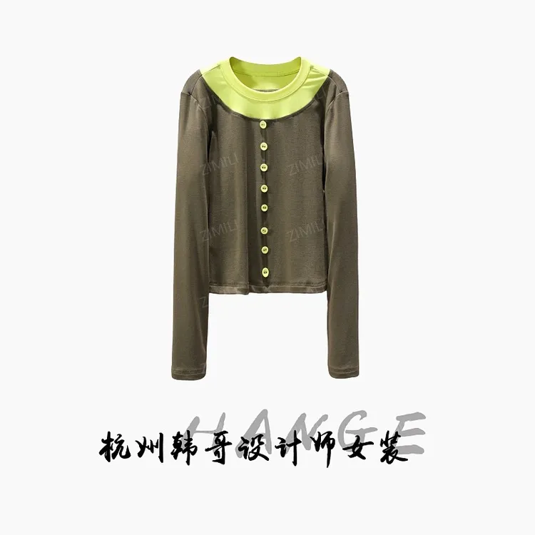 【韩哥女装】2025秋冬新品《年轮》古铜绿撞色拼接圆领打底衫6267-A6