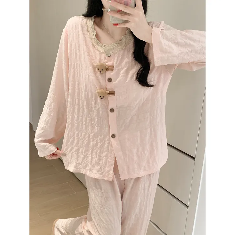 Meng luan/梦鸾春秋款带胸垫睡衣女士日系可爱小熊长袖冬季家居服