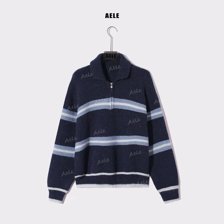 AELE针织半开领立领秋季复古衫条纹标准宽松型毛衣 X855 3906 AD