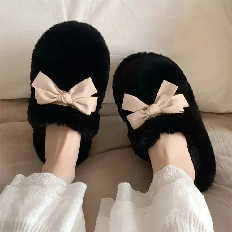 室内休闲防滑秋冬网红毛毛百搭拖鞋韩系蝴蝶结仙女风棉拖鞋女xl