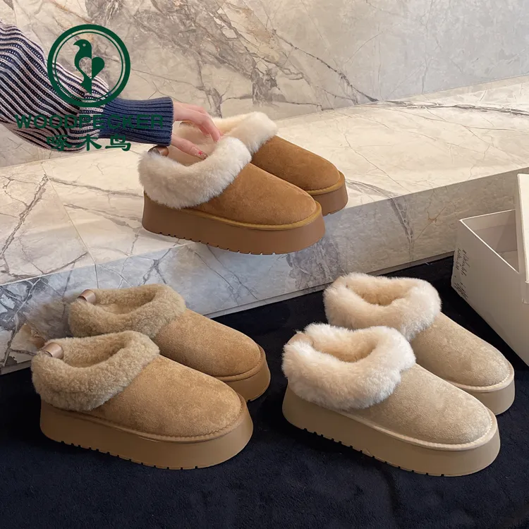 啄木鸟厚底一脚蹬懒人毛毛棉鞋女2025冬季新款加绒加厚东北雪地靴