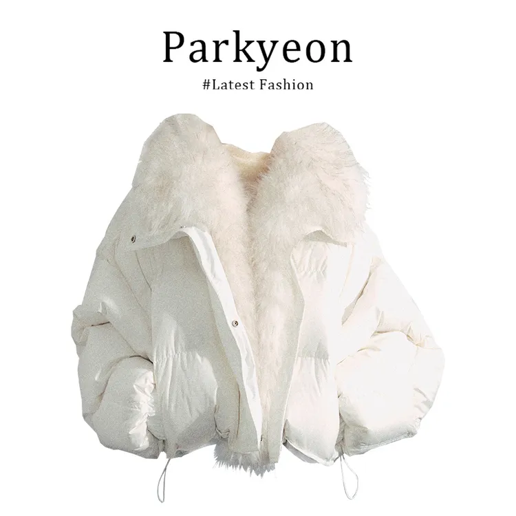 INS CEC韩式小众不撞款时尚风拼接奶白色毛领拼接短款棉服外套女