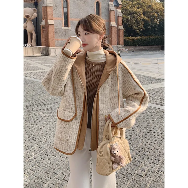 格子拼接连帽短款毛呢外套女秋冬2025新款韩系呢大衣小个子爆款