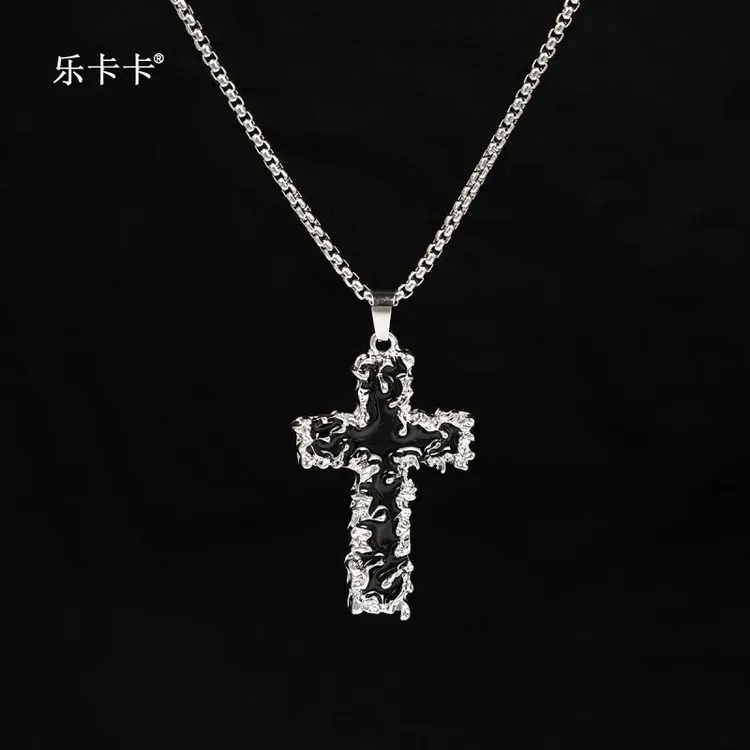 钛钢项链 街头朋克情侣ins小众荆棘十字架项链男黑色高级感古巴链