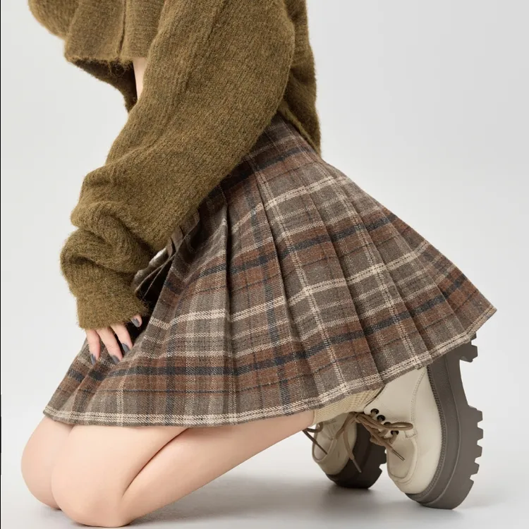 辣妹韩系学院风格子半身裙女秋冬新款毛呢百褶裙高腰显瘦a字短裙
