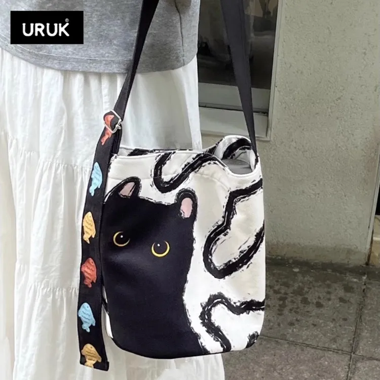 URUK慵懒风韩系松弛感帆布包2025小众设计感帆布包大容量猫单肩包