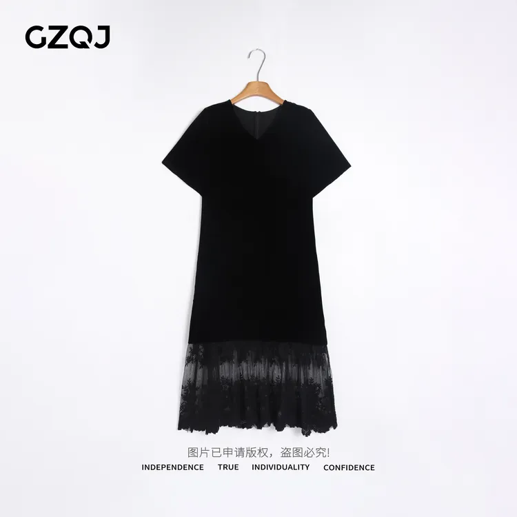 老琴私服 【晚宴流光】桑蚕丝丝绒欧若风时尚蕾丝拼接连衣裙夏39123