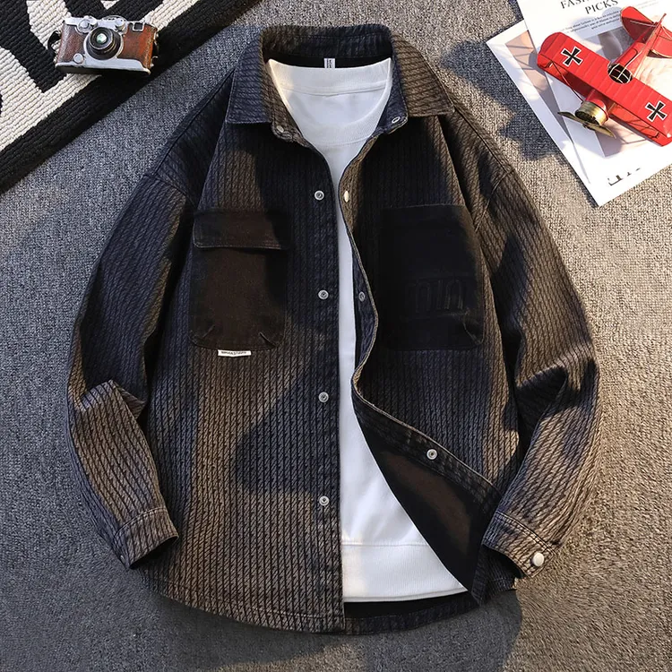 侨迪蒙拉春秋季牛仔衬衫男款夹克外套工装复古潮流上衣服百搭