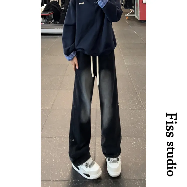 爆款秋冬新款牛仔裤直筒裤潮牌高街显高显瘦百搭铆钉男生裤子百搭