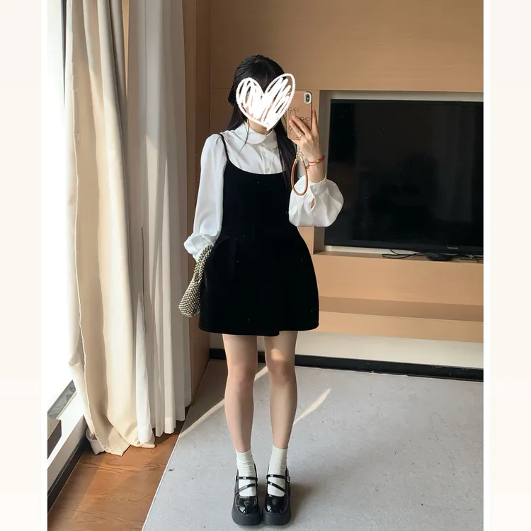 大码胖妹妹法式气质衬衫吊带裙套装秋冬宽松显瘦时尚两件套