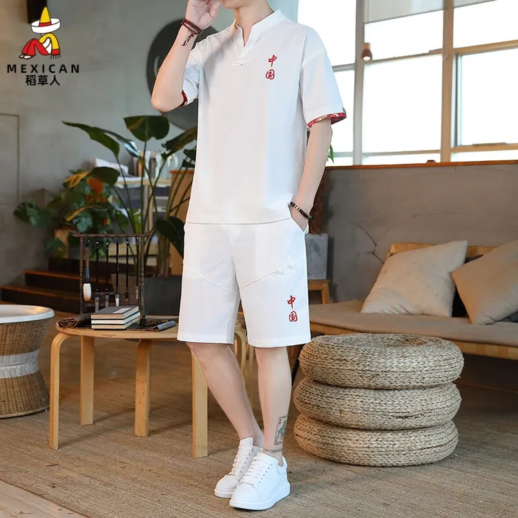 稻草人男士夏季短裤套装男国潮新款短袖唐装男款爆款2025新款汉服