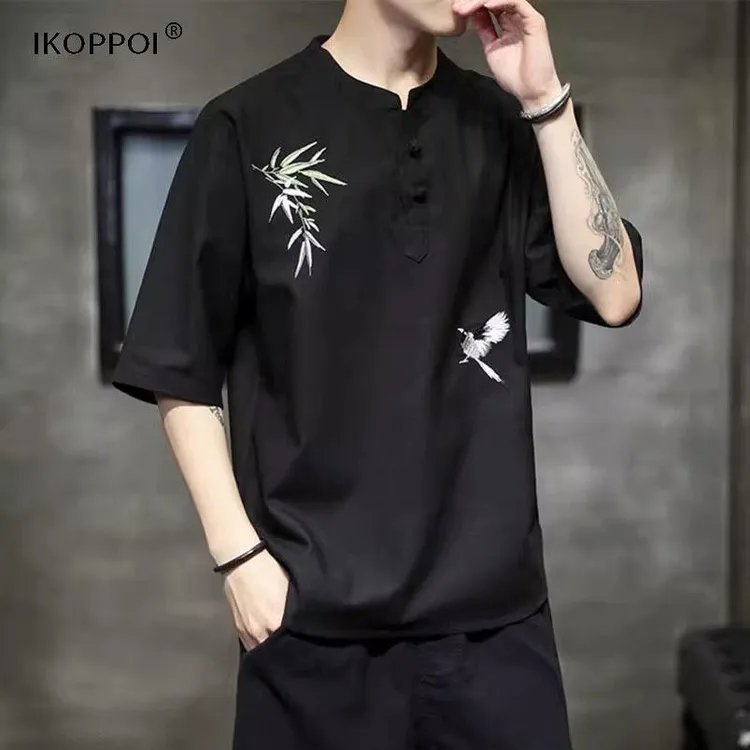 高端新中式纯亚麻短袖t恤男士夏季国风刺绣半袖潮流棉麻百搭休闲