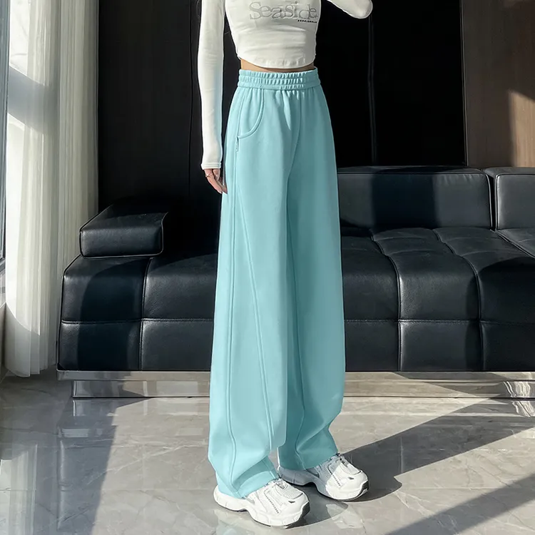湖蓝色运动阔腿裤女2025秋季新款时尚弯刀裤松紧腰直筒宽松香蕉裤