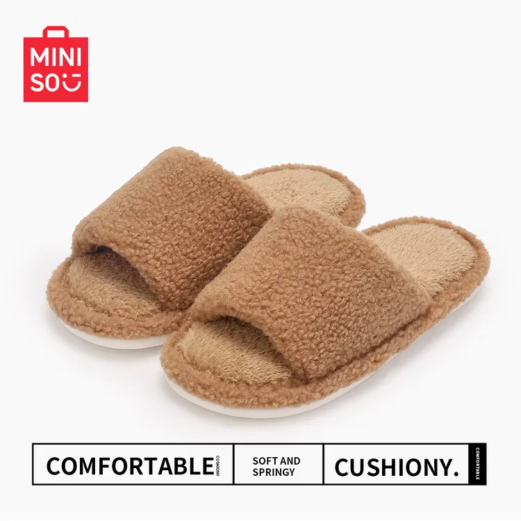 MINISO/名创优品日系简约女士毛毛拖防滑秋冬学生宿舍一字棉拖鞋