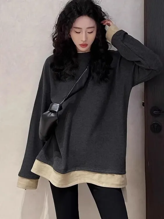 松驰感慵懒风撞色假两件套头打底衫女韩系宽松休闲显瘦气质上衣女