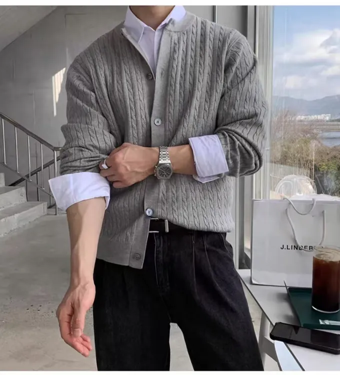 时尚宽松型衬衫针织开衫商务麻花纹毛衣男士秋季长袖休闲简约