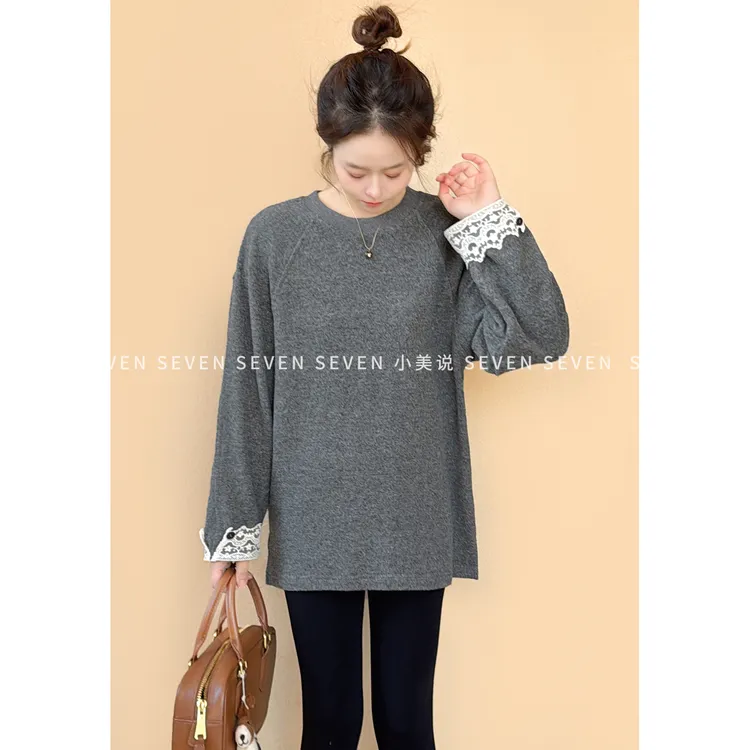 ⑦七七146小个子冬季保暖单面绒感蕾丝拼接圆领长袖T恤女款小美说