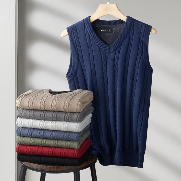 V领加绒加厚毛衣男款冬季针织背心保暖休闲打底衫马甲中老年爸爸