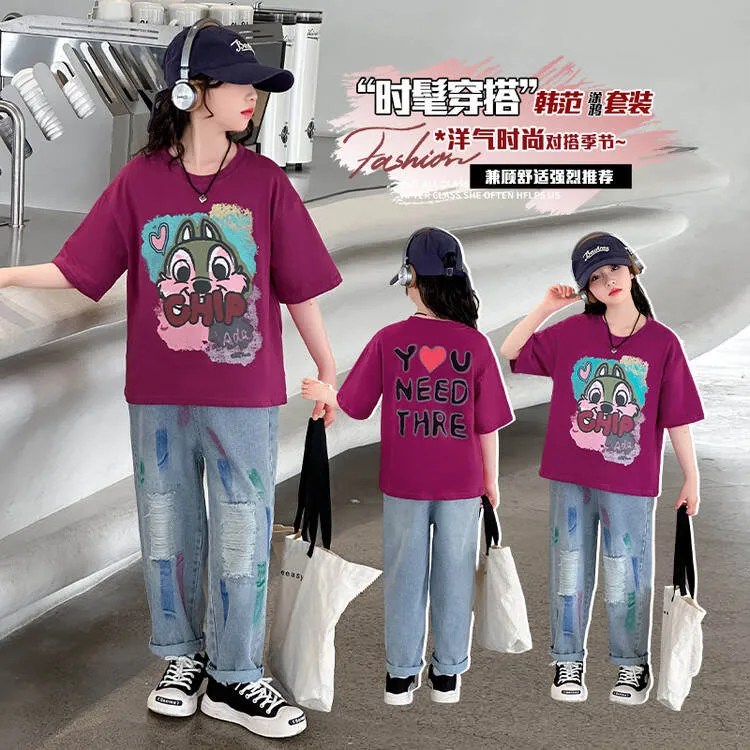 时髦童装夏季儿童春季春秋洋气婴儿春装分体松鼠·恤牛仔裤套装