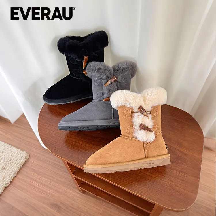 EVERAU牛角扣中筒雪地靴2025冬皮毛一体防滑加厚东北棉鞋UEA3023