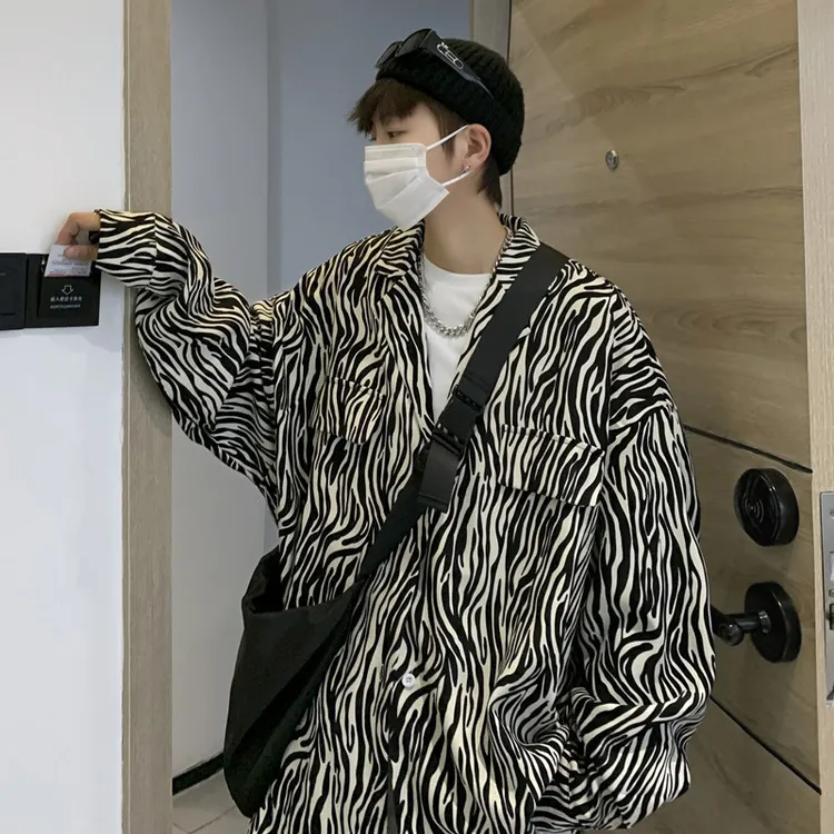 男士春秋潮流斑马纹长袖衬衫衬衣日系高级感痞帅风格